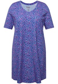 Vestido de manga corta en tela azul con patrón floral. Presenta un escote en V y un corte holgado, ideal para comodidad y uso casual.