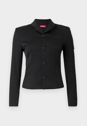 Schwarzer Blazer aus glattem Stoff, mit Schalkragen, fünf runden Knöpfen, langen Ärmeln und einer Brusttasche.