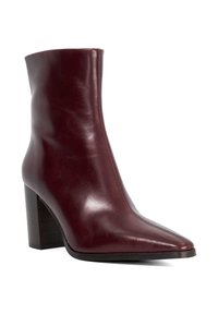 Burgundy leather ankle boot with a pointed toe and block heel, featuring a smooth texture and a sleek, modern silhouette.