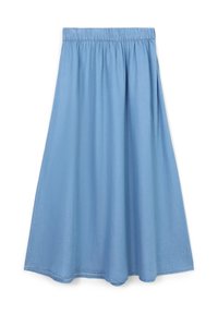 Gonna leggera blu chiaro, lunga fino alla caviglia, realizzata in tessuto morbido con una vita elasticizzata e una silhouette leggermente svasata. Texture liscia e uniforme.