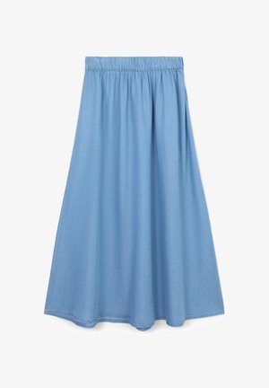 Gonna leggera blu chiaro, lunga fino alla caviglia, realizzata in tessuto morbido con una vita elasticizzata e una silhouette leggermente svasata. Texture liscia e uniforme.