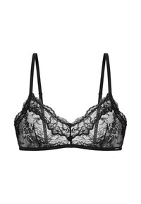 Čierny krajkový bralette s nastaviteľnými ramienkami, kvetinovým vzorom, mäkkým dizajnom košíčkov a centrálnym detailom s gombíkom. Pás je hladký bez výplne.