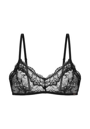 Zwarte kanten bralette met verstelbare banden, bloemenpatroon, zacht cupontwerp en een centrale knoopdetail. De band is glad en zonder padding.