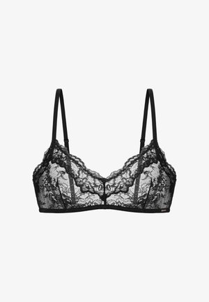 Zwarte kanten bralette met verstelbare banden, bloemenpatroon, zacht cupontwerp en een centrale knoopdetail. De band is glad en zonder padding.