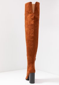 Bottes en daim marron au-dessus du genou avec un talon noir épais, dotées d'une fermeture éclair latérale et d'une découpe en V à l'arrière pour un détail de design supplémentaire.