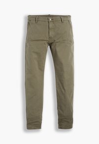 Pantaloni in cotone verde oliva con design a gamba dritta, tasche frontali, chiusura con bottone e finitura testurizzata discreta.