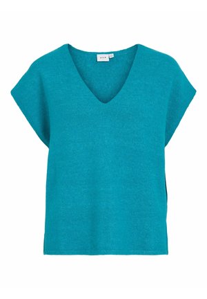 Haut tricoté couleur sarcelle avec col en V, manches courtes façon cache-épaule et fentes latérales. Texture douce et coupe décontractée assurant confort et facilité de port.