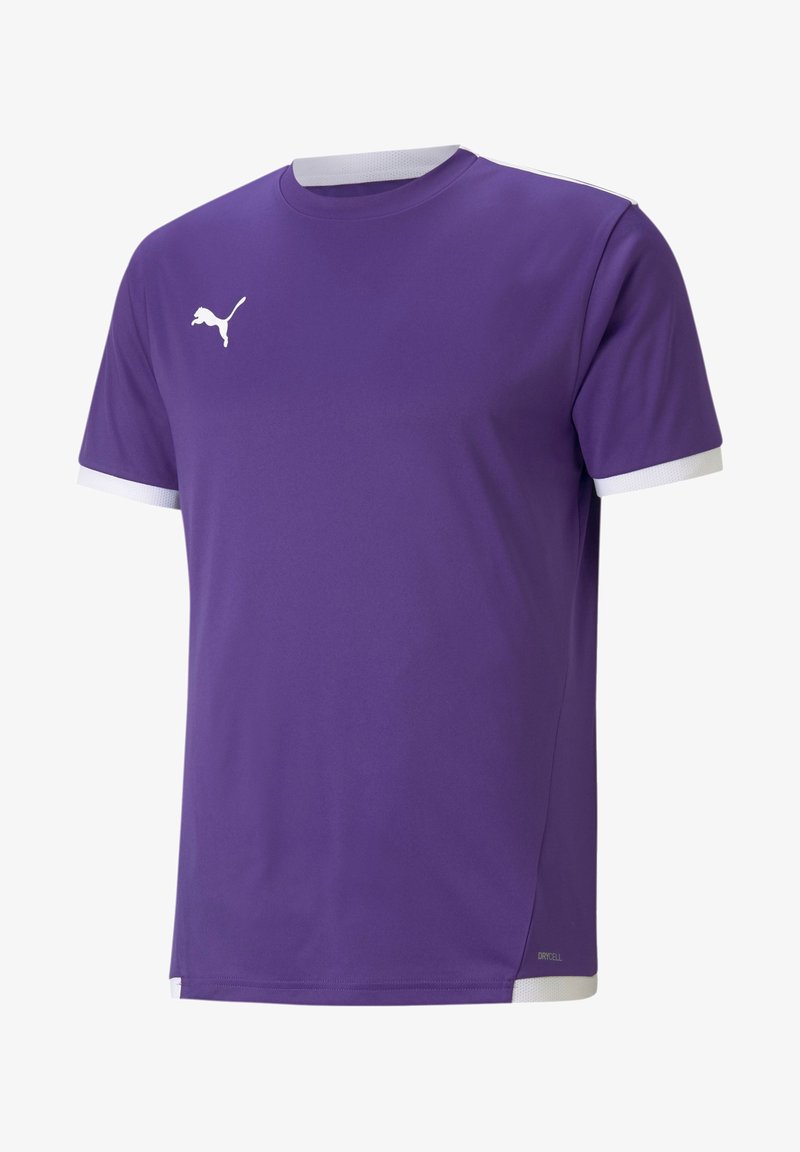 Lila Polyester-Sportshirt mit kurzen Ärmeln, ausgestattet mit einem weißen Kragen und Akzenten an den Ärmeln. Enthält ein weißes Puma-Logo auf der Brust.