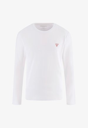 White long-sleeve shirt made from cotton, featuring a round neckline and a small red triangle logo on the left chest. Smooth texture.