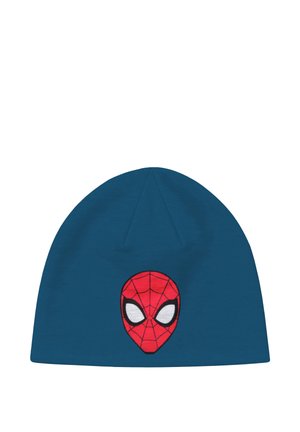 Blue beanie hat with a red and black embroidered Spiderman face design centered on the front.