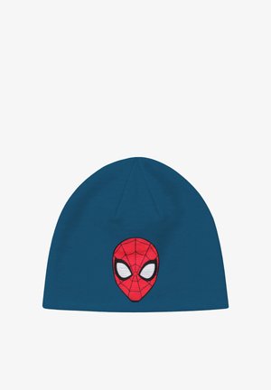 Blue beanie hat with a red and black embroidered Spiderman face design centered on the front.