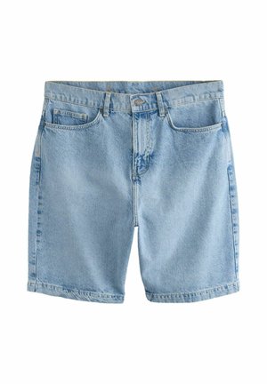 Hellblaue Jeansshorts mit vorderer Knopfleiste und Reißverschluss, Gürtelschlaufen und klassischem Fünf-Taschen-Design.