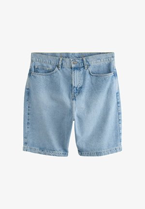 Pantaloni scurți din denim albastru deschis, cu nasture și fermoar frontal, bucle pentru curea și design clasic cu cinci buzunare.