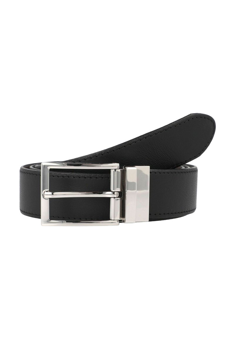 Ceinture en cuir noire avec une boucle en métal argenté, présentant une texture lisse et un design classique. Comprend un détail de couture résistante.