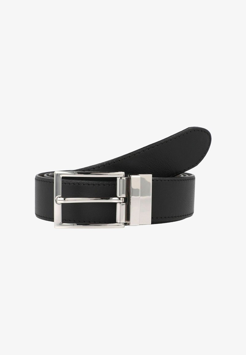 Cinturón de cuero negro con hebilla metálica plateada, que presenta una textura suave y un diseño clásico. Incluye un detalle de costura resistente.