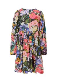 Sukienka z długim rękawem, z talią zebrańczyk, z dużym kolorowym kwiatowym wzorem w odcieniach różu, niebieskiego, fioletowego, żółtego i zielonego na jasnym tle.