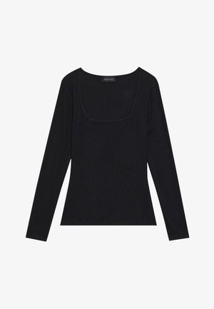 Black long-sleeve top with a ribbed texture, featuring a squared neckline and fitted shape. It includes a label reading "ANNA FIELD."