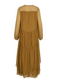 Vestido longo amarelo mostarda com um design em camadas. Feito de tecido leve, com mangas longas transparentes e decote redondo.