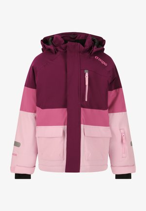 Ski-jas met kleurvlakken in tinten paars en roze, voorzien van een ritszak op de borst, twee steekzakken aan de voorkant en een gevoerde capuchon.