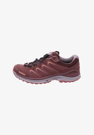 Lowa hiking shoes in dark red with a mesh upper, contrasting orange accents, grey sole, and a quick-lacing system. Lightweight design.