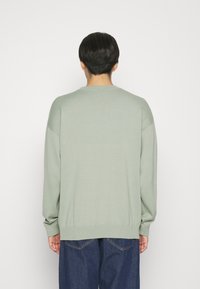 Lichtgroene, lange mouwen trui met een ronde hals, geribde mouwen en zoom, gecombineerd met donkerblauwe jeans. Gelaagd, zacht stof.