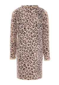 Vestido suéter de estampado de leopardo, textura suave y esponjosa, color beige claro con manchas negras, mangas largas, puños decorativamente recortados.