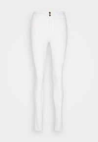 Jeans blancos ajustados hechos de una mezcla de algodón, con una cintura alta, dos bolsillos delanteros y dos traseros con cierre de botón.