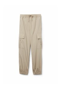 Beige cargo kalhoty s elastickým pasem, nastavitelnou šňůrkou a dvěma bočními kapsami. Rukávy jsou staženy pro pohodlné nošení.