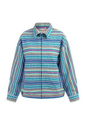 Chaqueta multicolor con un tejido estampado en tonos azul, rosa y verde, con rayas y motivos de hojas, cierre con cremallera y cuello tipo camisa.