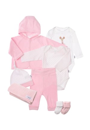 Set of pink baby clothes including a hooded jacket, polka dot bodysuit, pants, a hat, and booties, all made from soft fabric.
