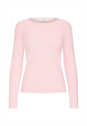 Pulover ajustat cu mânecă lungă, roz, cu guler rotund și o etichetă mică a brandului în interiorul gulerului.