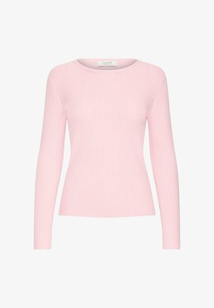 Roze getailleerde trui met lange mouwen, ronde hals en een klein merklabel aan de binnenkant van de kraag.