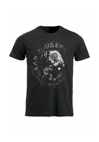 Černé bavlněné tričko s grafickým potiskem kosterní postavy s dlouhými vlasy, obklopené bílým textem "Iron Maiden" a "Number of The Beast".