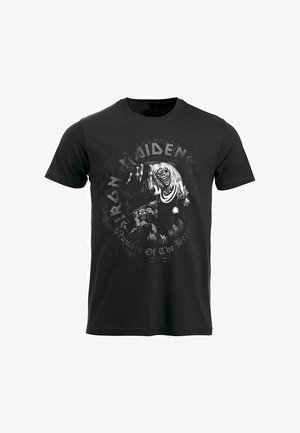 T-shirt in cotone nero con una stampa grafica di una figura scheletrica con capelli lunghi, circondata dal testo "Iron Maiden" e "Number of The Beast" in bianco.