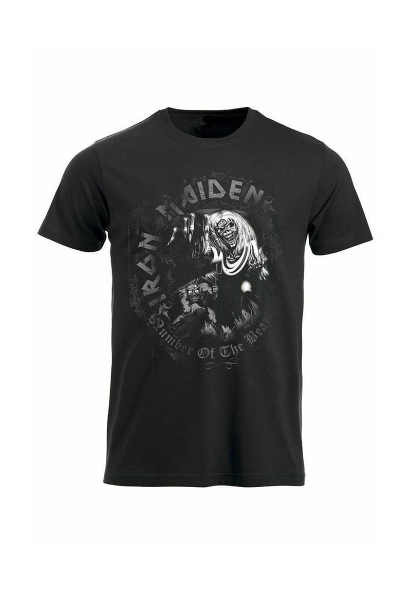 Černé bavlněné tričko s grafickým potiskem kosterní postavy s dlouhými vlasy, obklopené bílým textem "Iron Maiden" a "Number of The Beast".