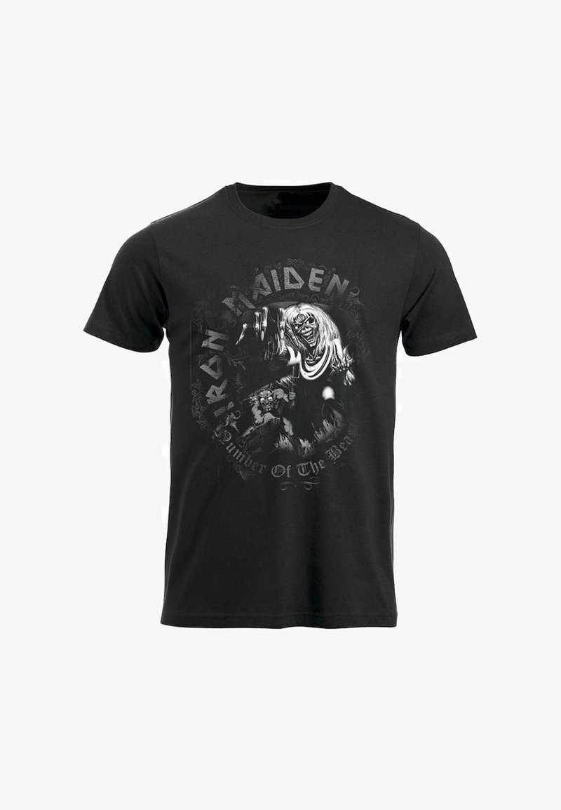 Černé bavlněné tričko s grafickým potiskem kosterní postavy s dlouhými vlasy, obklopené bílým textem "Iron Maiden" a "Number of The Beast".