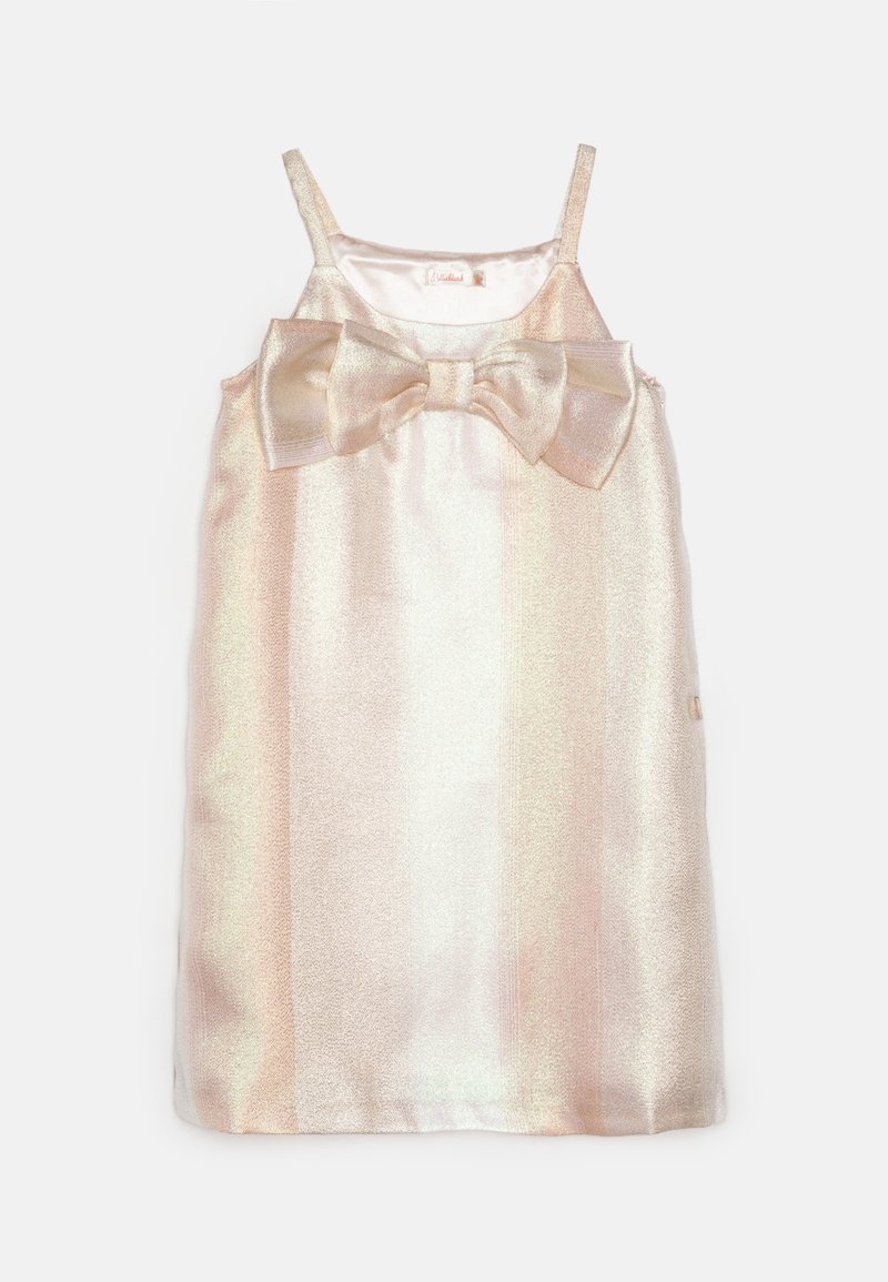 Robe en satin rose pâle sans manches avec fines bretelles et un grand nœud décoratif sur la poitrine, adaptée pour les filles.