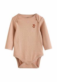 Bodysuit pour bébé à manches longues de couleur beige clair avec une petite broderie d'ours brun sur la poitrine. Équipé de pressions à la base. Texture lisse.
