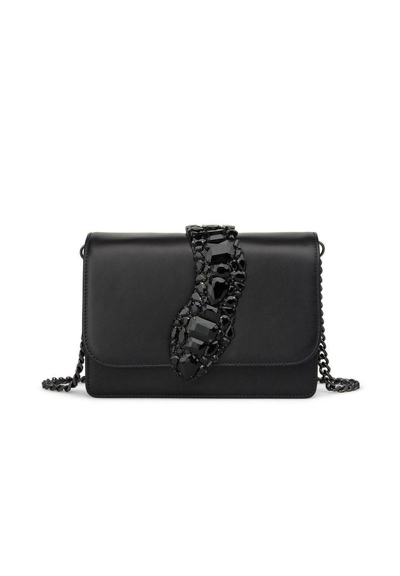 Czarna skórzana kopertówka z dekoracyjnym akcentem z czarnego kryształu. Posiada zapięcie na klapę oraz łańcuszkowy pasek, gładką fakturę i prostokątny kształt.