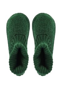 Chaussons en laine vert foncé doux avec des poignets côtelés, vus de dessus sur un fond blanc.