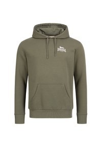 Olivovo zelená mikina vyrobená z bavlneného zmesi, s predným vreckom, elastickými manžetami a kapucňou so šnúrkou. Malé biele logo na hrudi.