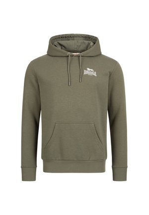 Olivenfarvet sweatshirt lavet af bomuldsblanding, med en forlommem, ribbede manchetter og en hætte med snøring. Lille hvidt logo på brystet.