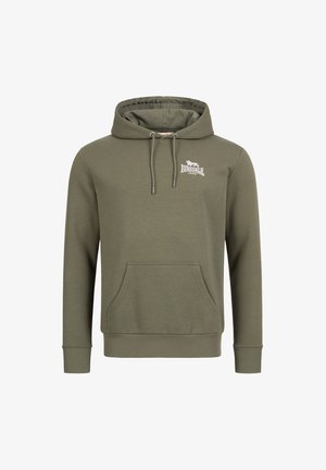 Olivno zeleni kapućasti džemper od pamučne mešavine, sa prednjim džepom, rebrastim manžetama i kapuljačom sa vezicom. Mali beli logo na grudima.