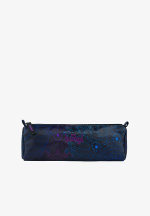 Astuccio nero con un design di foglie vorticoso in tonalità blu e viola, dotato di una cerniera superiore e di un piccolo anello in tessuto su un lato.