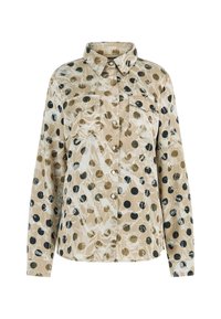 Chemise beige à boutons avec manches longues, présentant un motif à pois multicolores, deux poches poitrine et un col classique.