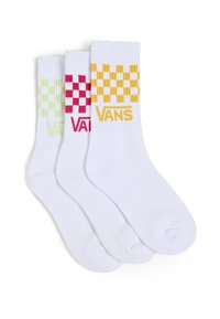 Tre paia di calzini bianchi con motivi a scacchi colorati in verde, rosa e giallo, con il logo "VANS" ricamato su ciascuno.