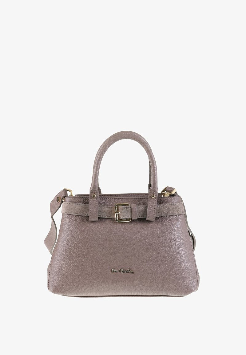 Borsa a mano in pelle grigia con una forma strutturata, due manici corti, tracolla regolabile e un dettaglio in bronzo sulla parte anteriore.