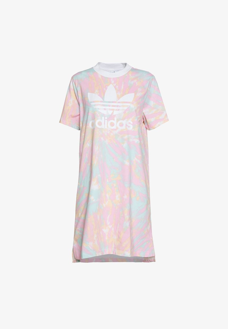 Sukienka z krótkim rękawem w pastelowe kolory tie-dye z białym logo Adidas z przodu. Wykonana z miękkiego materiału o luźnym kroju.