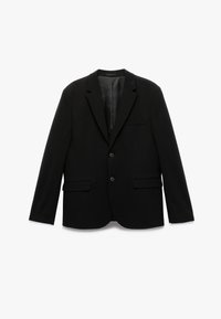 Svart blazer i ett texturerat tyg, med kavajslag, två framfickor och två knappar framtill. En bröstficka.