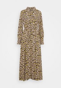 Pitkähihainen, korkean kauluksen kukkamekko, jossa on vaaleanpunaisia, keltaisia ja valkoisia kukkia tummalla taustalla. Vyötäröltä kapea, samaa kangasta oleva vyö.